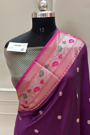 Purple and Bottle Green Buti Banarasi Silk Saree