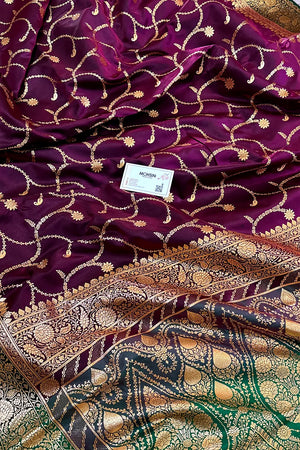Purple and Bottle Green Zari Katan Silk Banarasi Saree