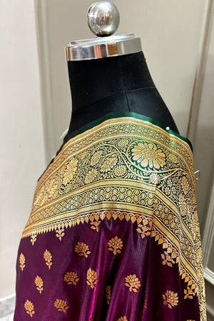 Purple and Bottle Green Zari Katan Silk Banarasi Saree