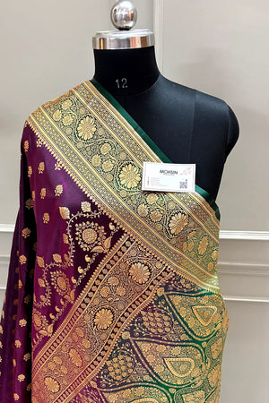 Purple and Bottle Green Zari Katan Silk Banarasi Saree