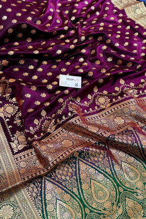 Purple and Bottle Green Zari Katan Silk Banarasi Saree