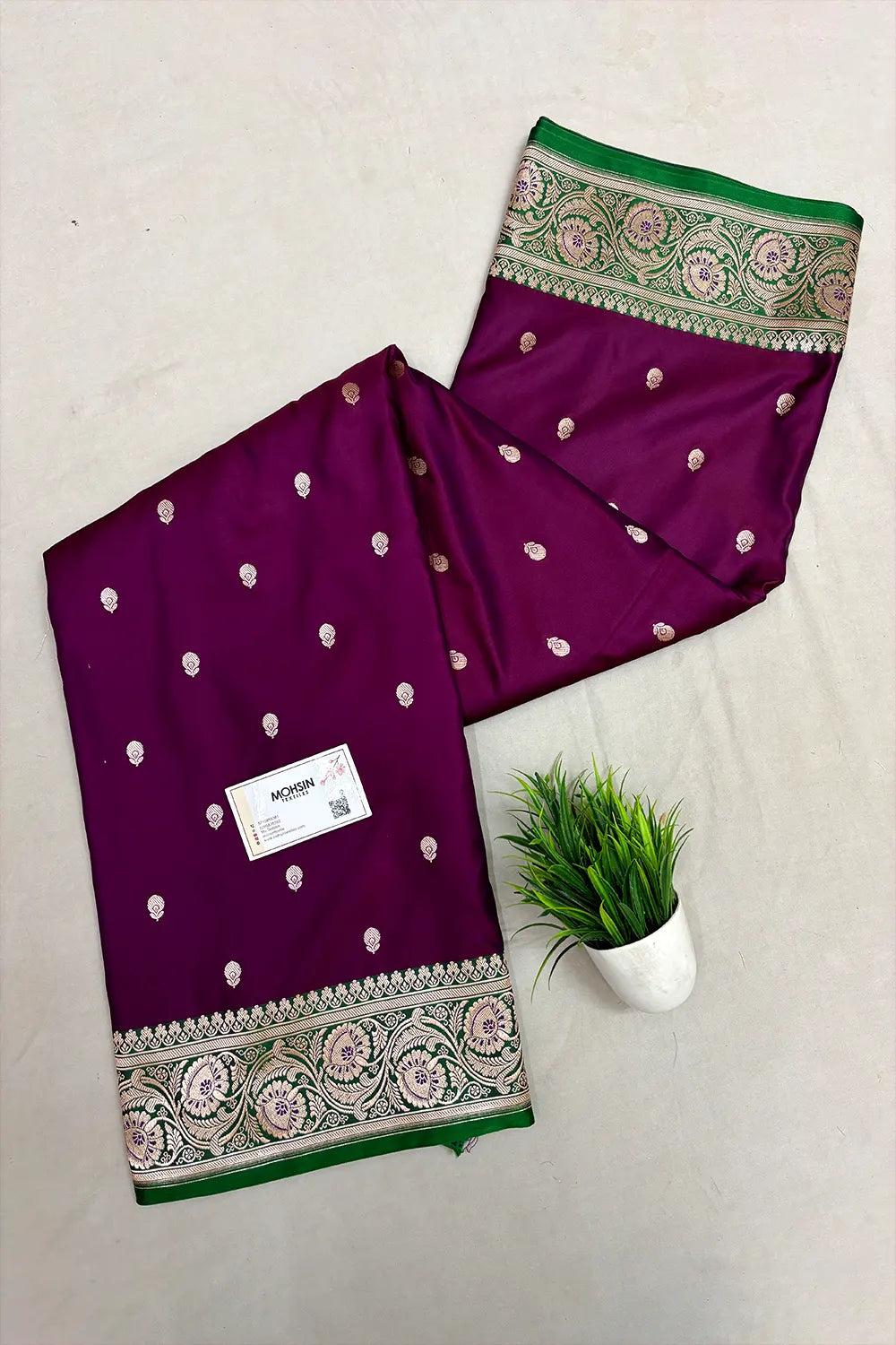 Purple and Green Zari Katan Mashru Silk Banarasi Saree