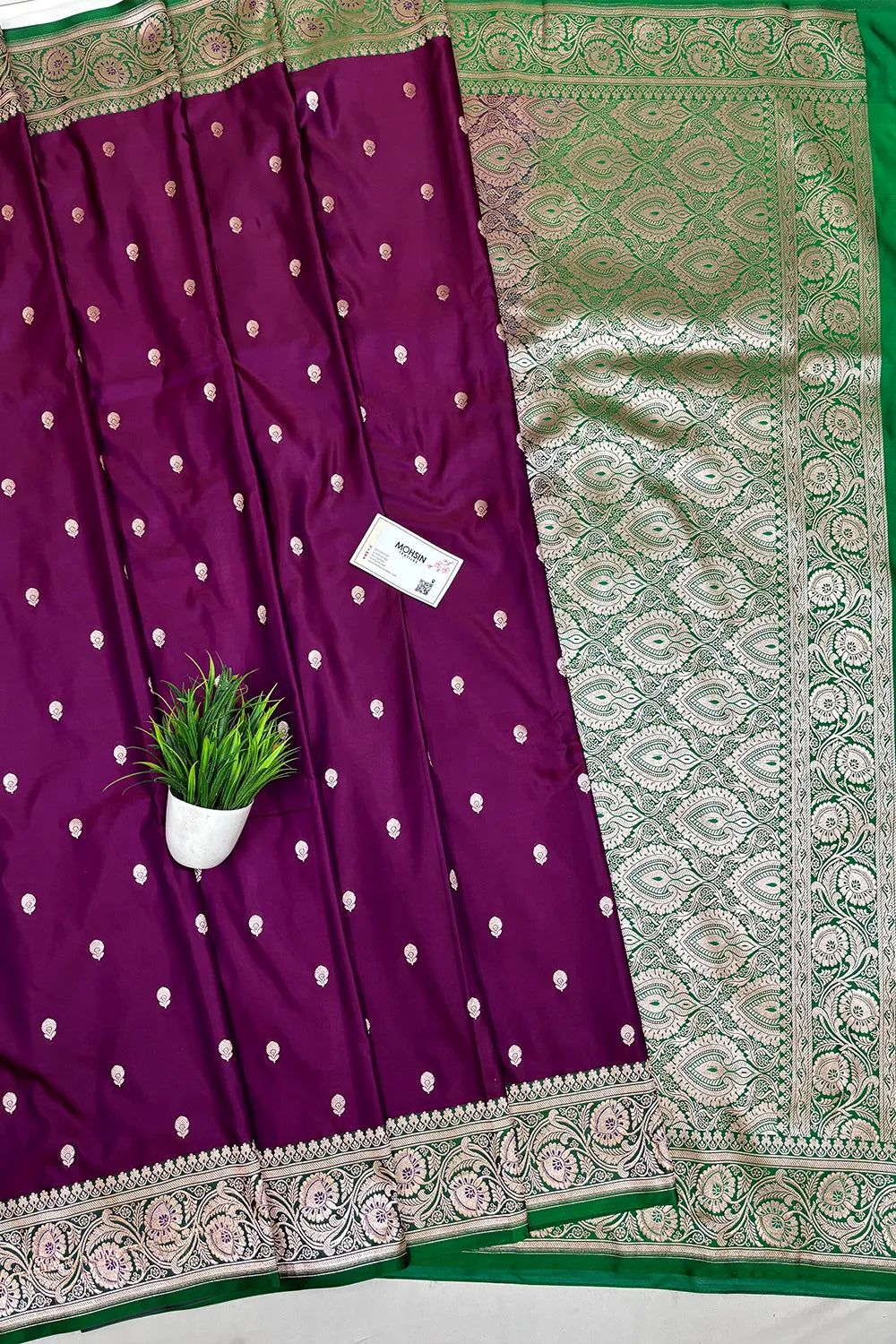 Purple and Green Zari Katan Mashru Silk Banarasi Saree
