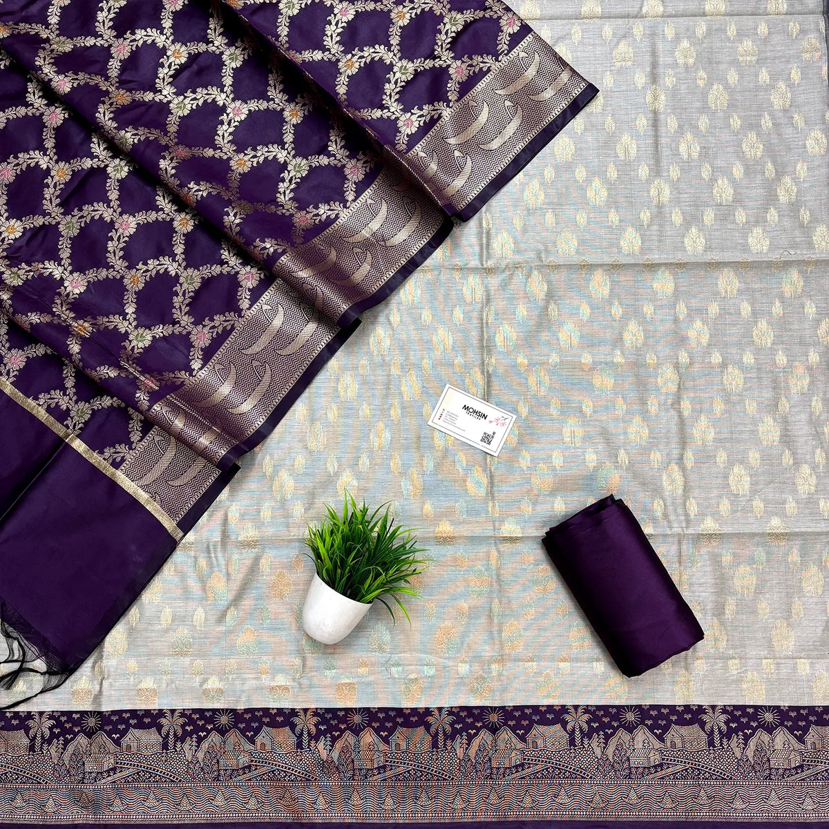 Purple and Grey Nai Basti Banarasi Silk Suit