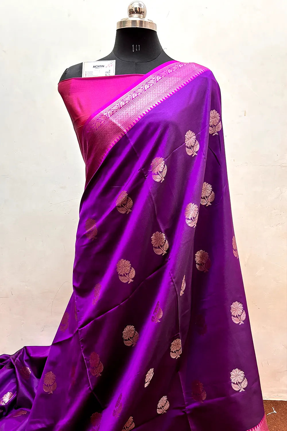 Purple and Pink Zari Semi Katan Silk Banarasi Saree