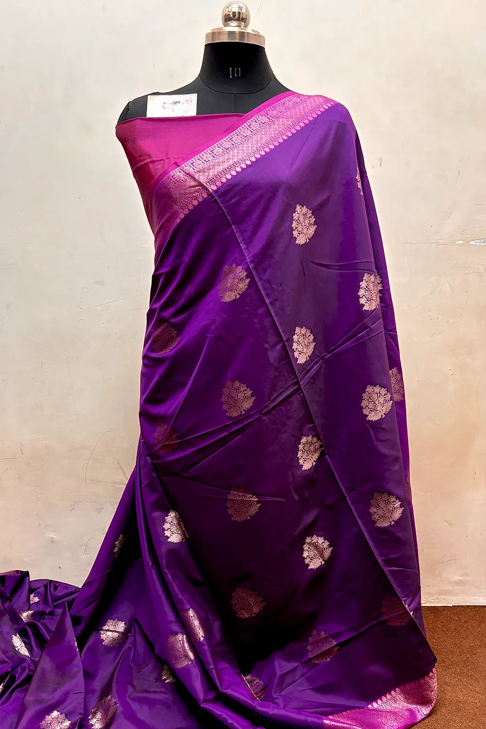 Purple and Pink Zari Semi Katan Silk Banarasi Saree
