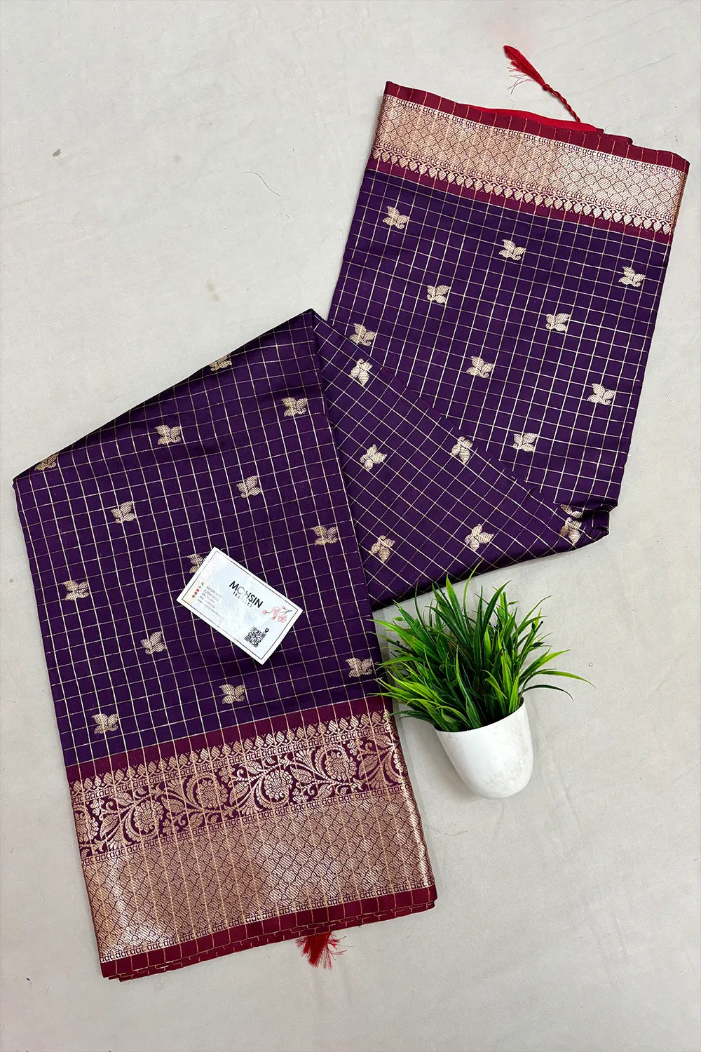 Purple and Red Zari Semi Katan Silk Banarasi Saree