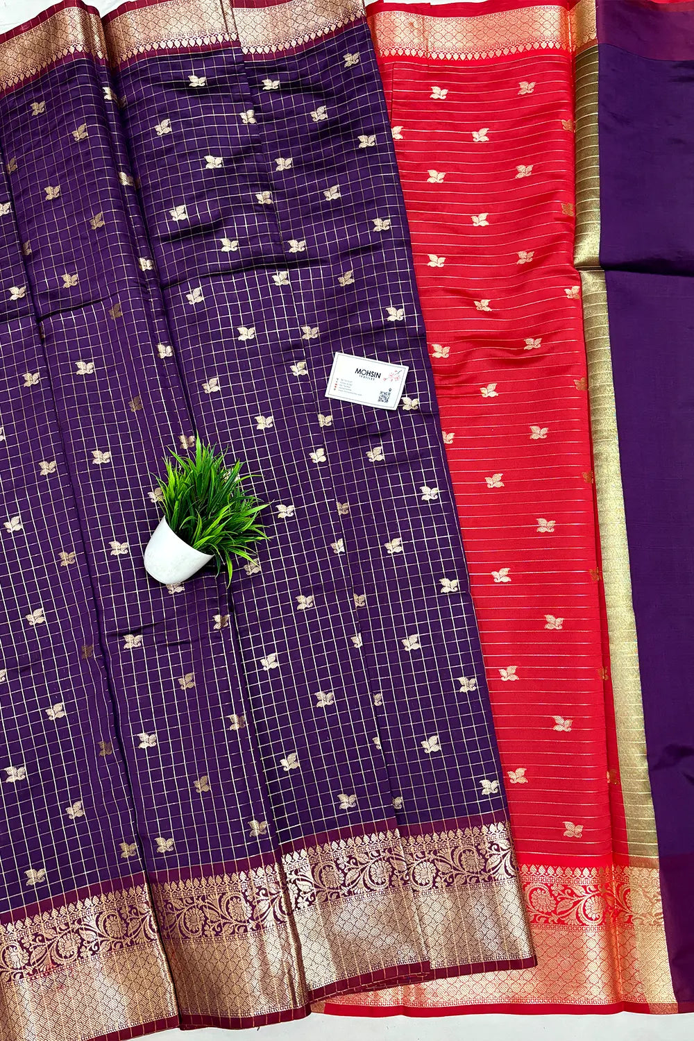 Purple and Red Zari Semi Katan Silk Banarasi Saree