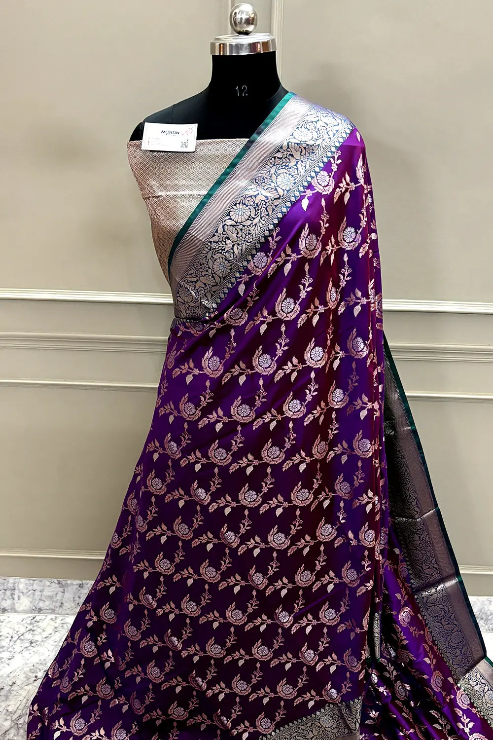 Purple and Teal Zari Banarasi Silk Saree
