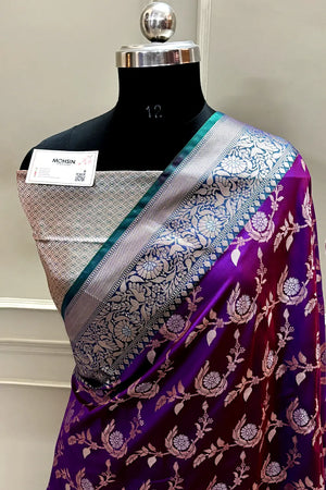 Purple and Teal Zari Banarasi Silk Saree