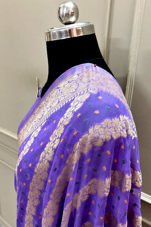 Purple Bandhej Georgette Silk Banarasi Saree