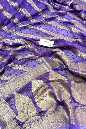 Purple Bandhej Georgette Silk Banarasi Saree