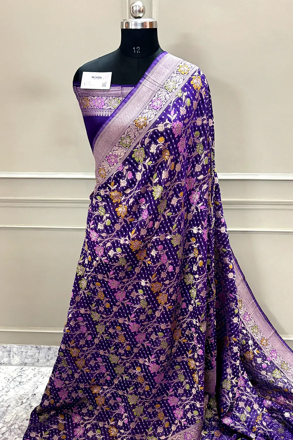 Purple Bandhej Meena Georgette Silk Banarasi Saree