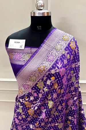 Purple Bandhej Meena Georgette Silk Banarasi Saree