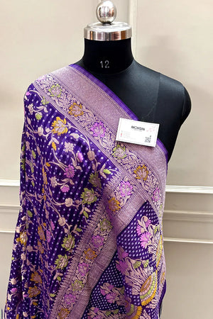 Purple Bandhej Meena Georgette Silk Banarasi Saree