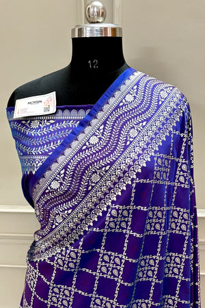 Purple Blue Pi Jaal Katan Silk Banarasi Saree