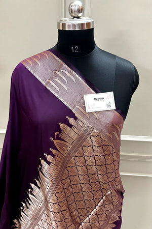 Purple Kalyug Plain Satin Silk Banarasi Saree