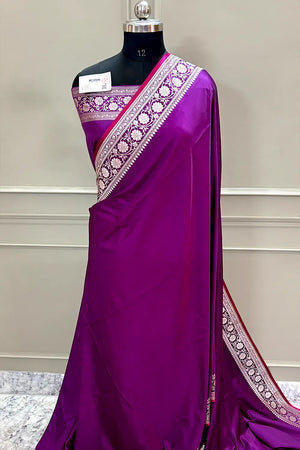 Purple Plain Zari Border Katan Silk Banarasi Saree