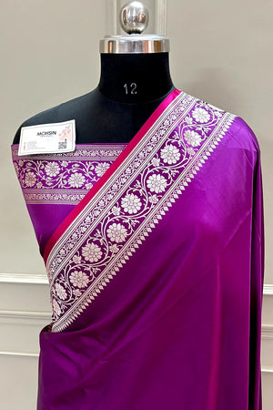 Purple Plain Zari Border Katan Silk Banarasi Saree