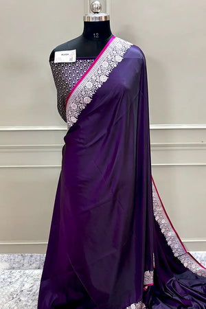 Purple Plain Zari Border Katan Silk Banarasi Saree