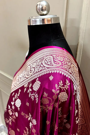 Purple Wine Nafis Jaal Katan Silk Banarasi Saree