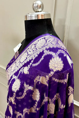 Purple Zari Georgette Silk Banarasi Saree