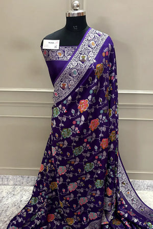 Purple Zari Tussar Georgette Silk Banarasi Saree