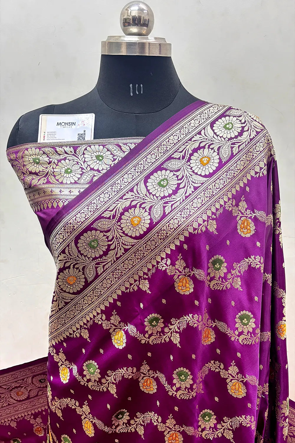 Purple Zari Hand Brush Katan Satin Silk Banarasi Saree