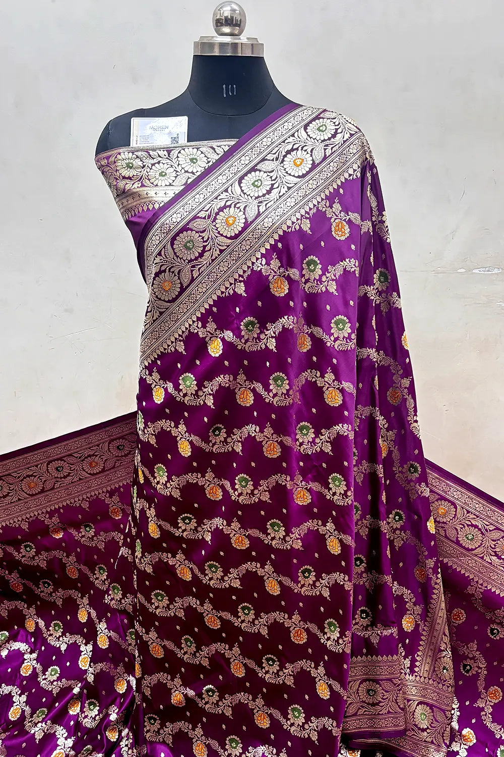 Purple Zari Hand Brush Katan Satin Silk Banarasi Saree