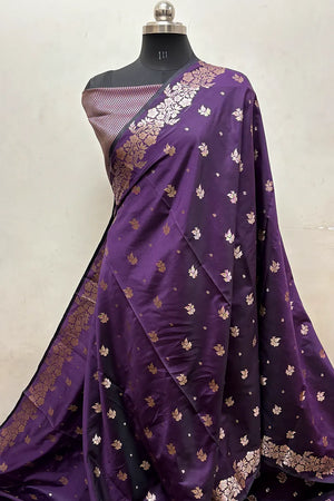 Purple Zari Semi Katan Silk Banarasi Saree