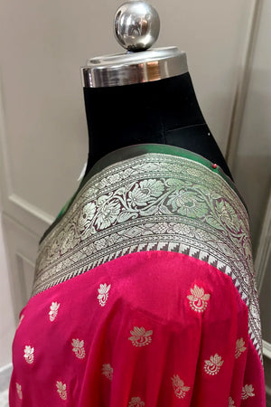 Rani Pink and Green Ghonga Buti Katan Silk Banarasi Saree
