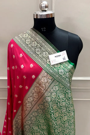 Rani Pink and Green Ghonga Buti Katan Silk Banarasi Saree