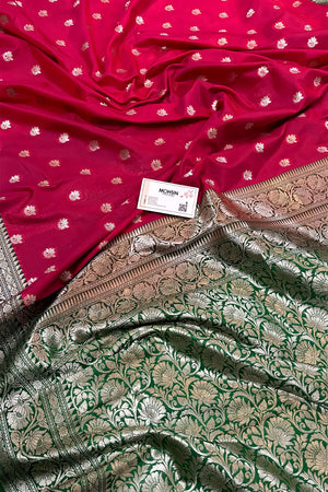 Rani Pink and Green Ghonga Buti Katan Silk Banarasi Saree