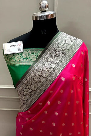 Rani Pink and Green Rudraksha Buti Katan Silk Banarasi Saree