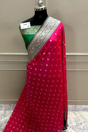 Rani Pink and Green Rudraksha Buti Katan Silk Banarasi Saree