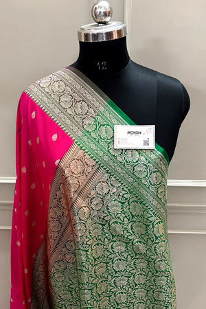 Rani Pink and Green Rudraksha Buti Katan Silk Banarasi Saree