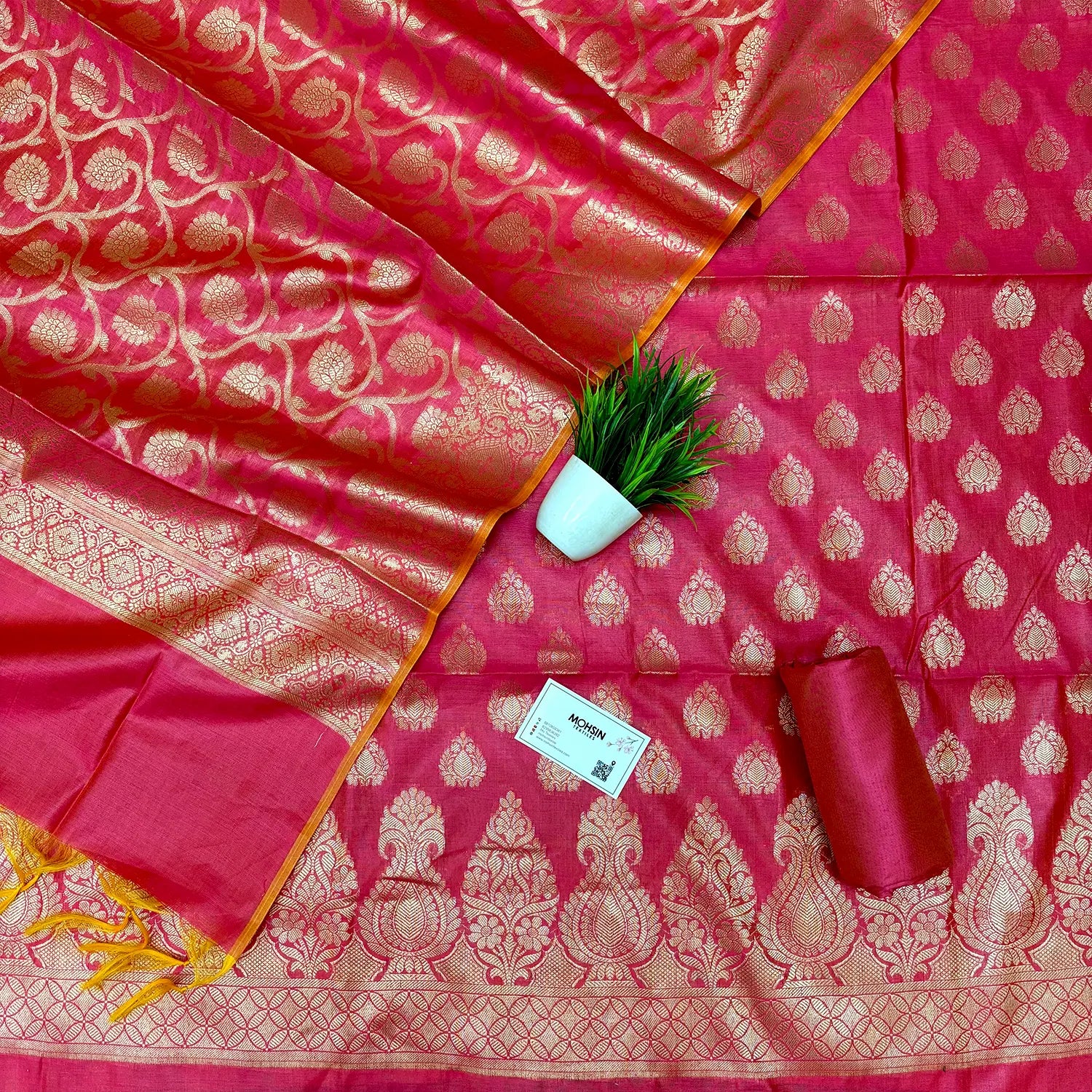 Rani Pink Kalgha Buti Banarasi Silk Suit