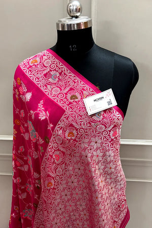 Rani Pink Zari Tussar Georgette Silk Banarasi Saree