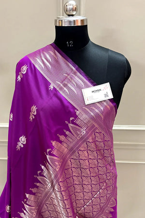 Rani Purple Kalyug Satin Silk Banarasi Saree