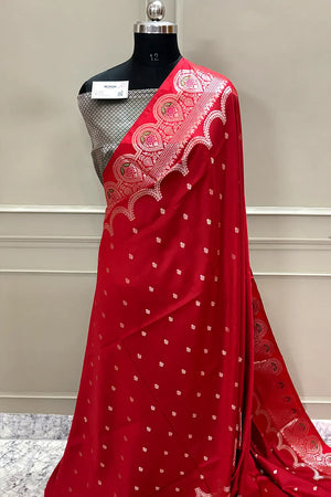 Red and Bottle Green Zari Banarasi Silk Saree