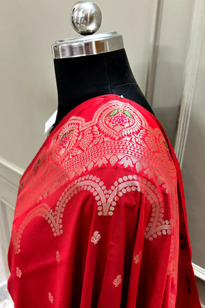 Red and Bottle Green Zari Banarasi Silk Saree