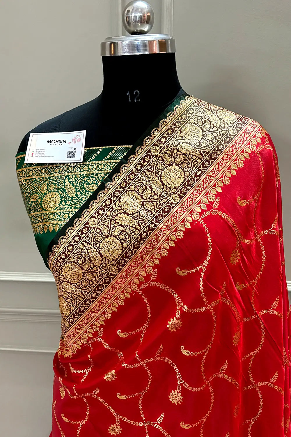 Red and Bottle Green Zari Katan Silk Banarasi Saree