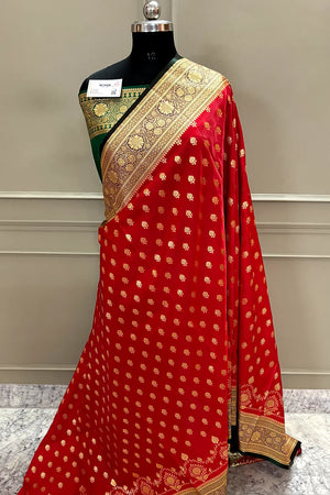 Red and Bottle Green Zari Katan Silk Banarasi Saree