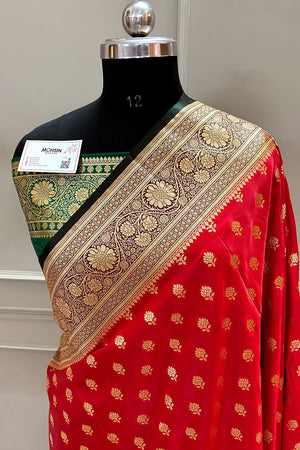 Red and Bottle Green Zari Katan Silk Banarasi Saree