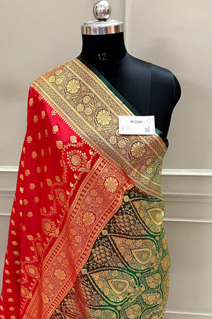 Red and Bottle Green Zari Katan Silk Banarasi Saree