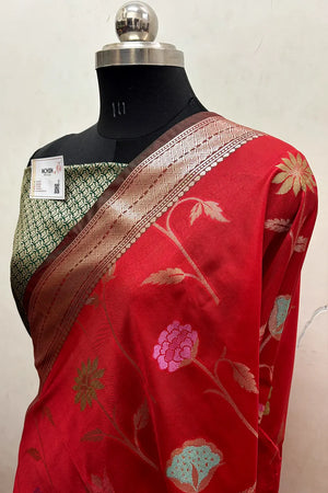 Red and Bottle Green Zari Katan Silk Banarasi Saree