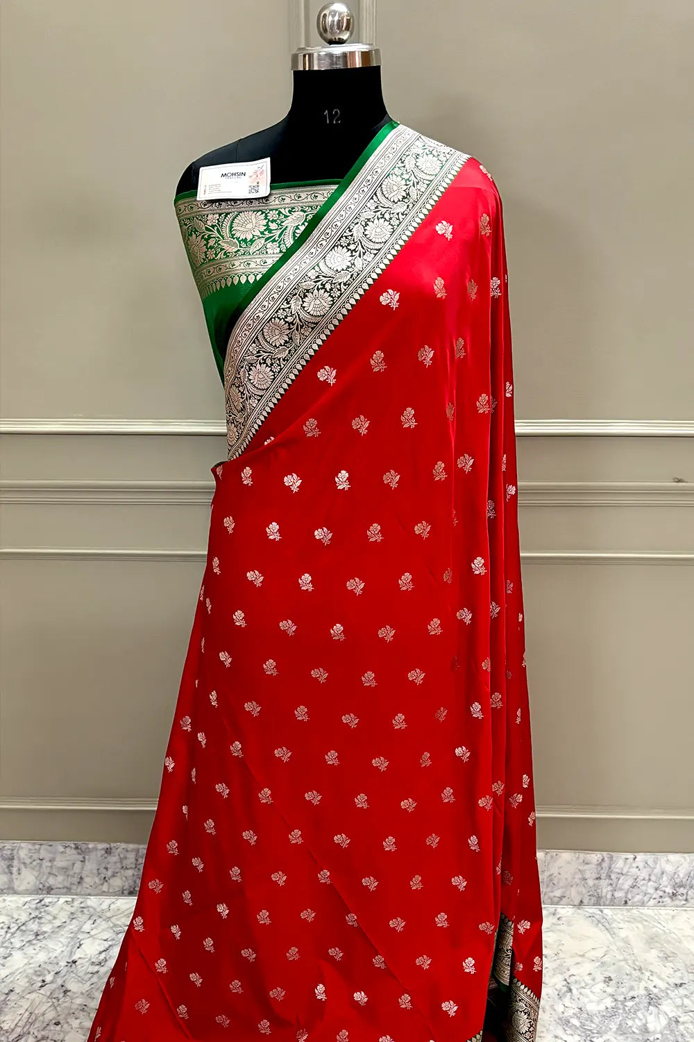Red and Green Chaman Buti Katan Silk Banarasi Saree