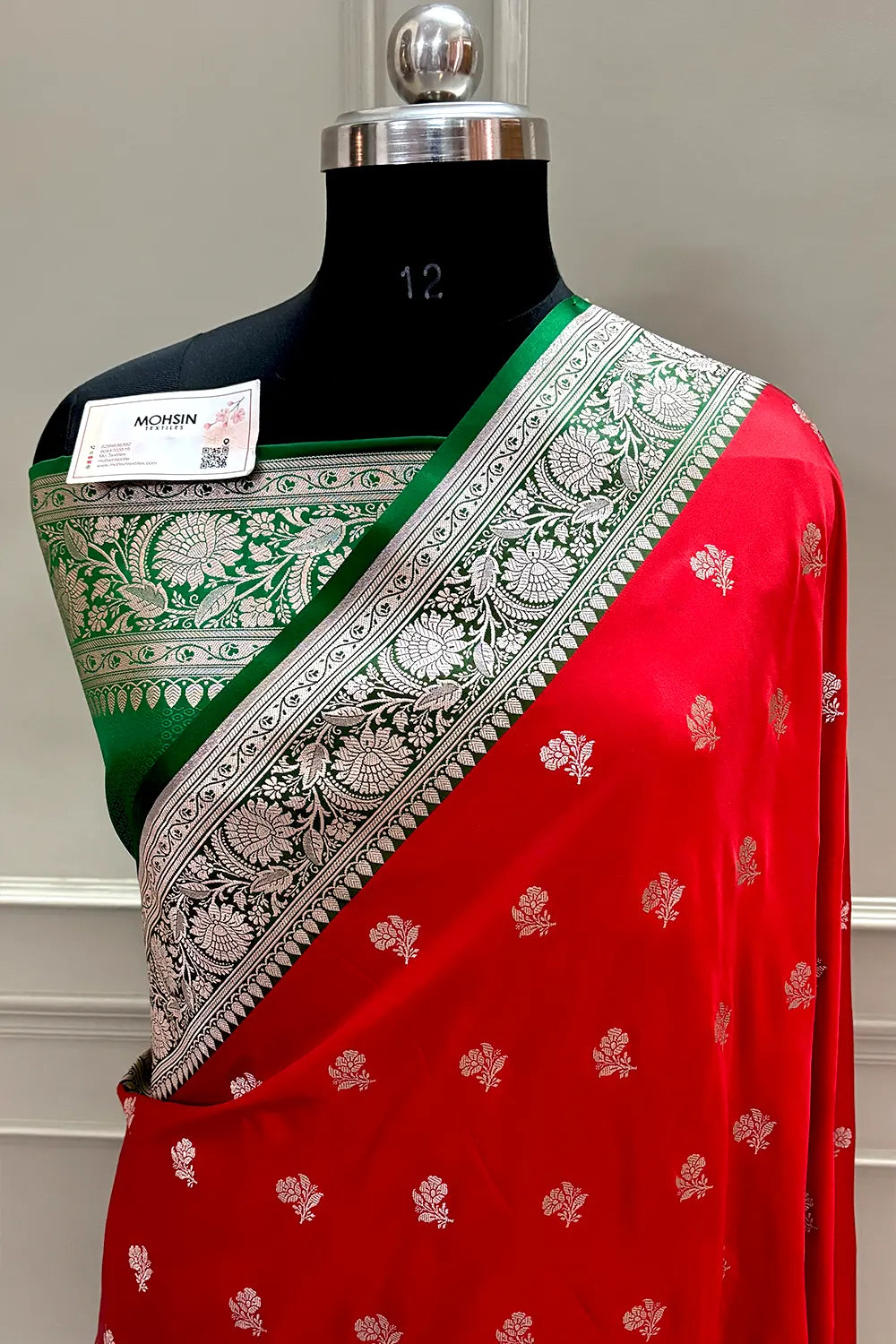 Red and Green Chaman Buti Katan Silk Banarasi Saree