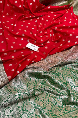 Red and Green Ghonga Buti Katan Silk Banarasi Saree