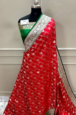 Red and Green Ropeway Jaal Katan Silk Banarasi Saree
